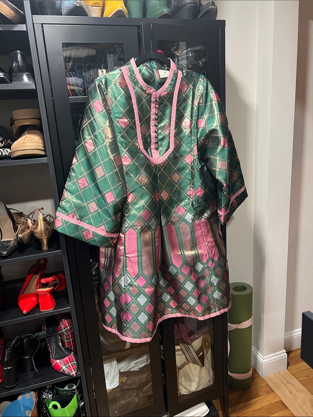 Tuckernuck Green and Pink Diamond-Pattern Formal Dress